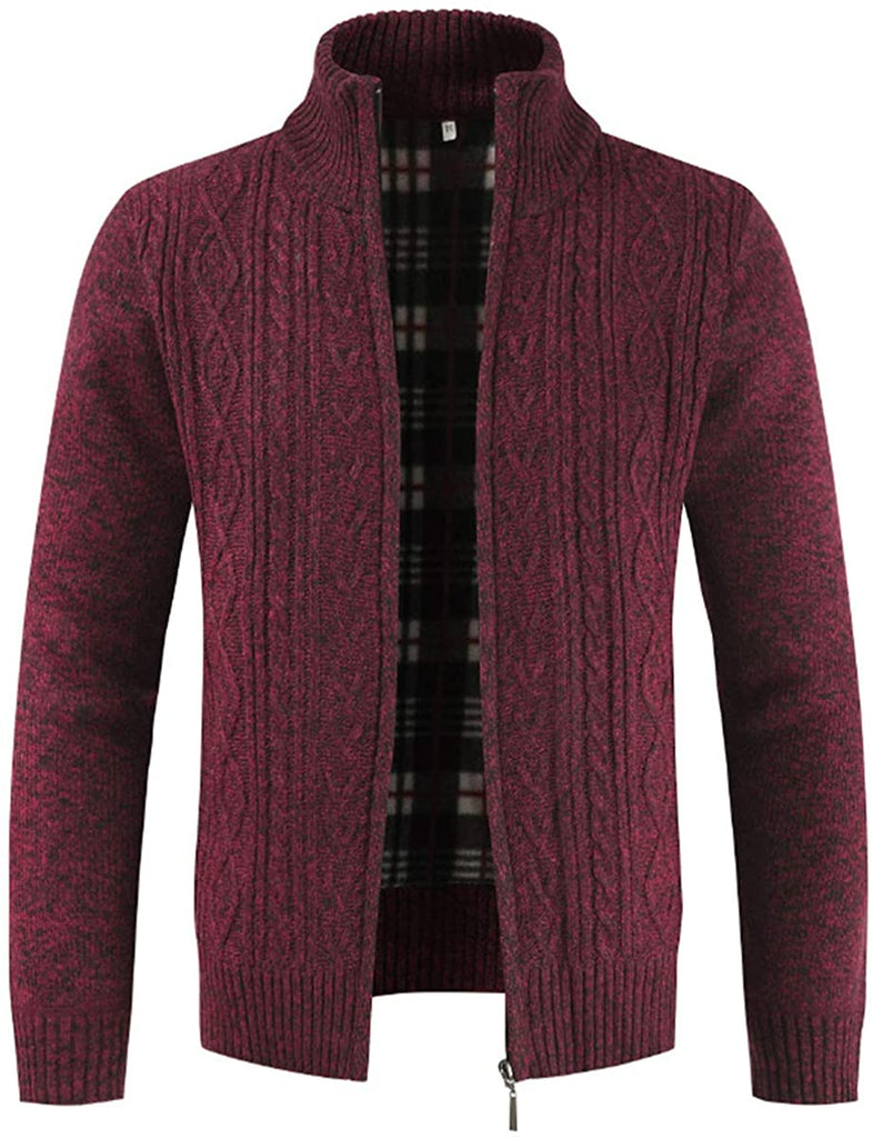 Mens Knitted Cardigan Thick Sweater Full Zip Stand Collar Warm Jumper Fleece Lined Winter Coat