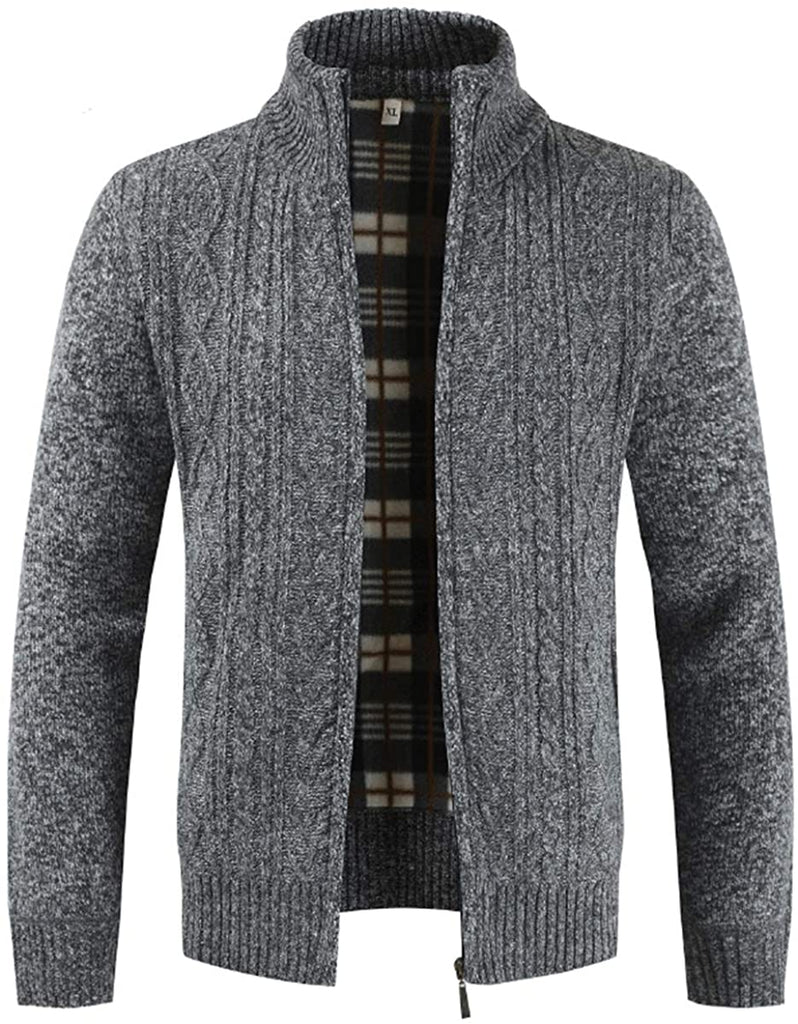 Mens Knitted Cardigan Thick Sweater Full Zip Stand Collar Warm Jumper Fleece Lined Winter Coat