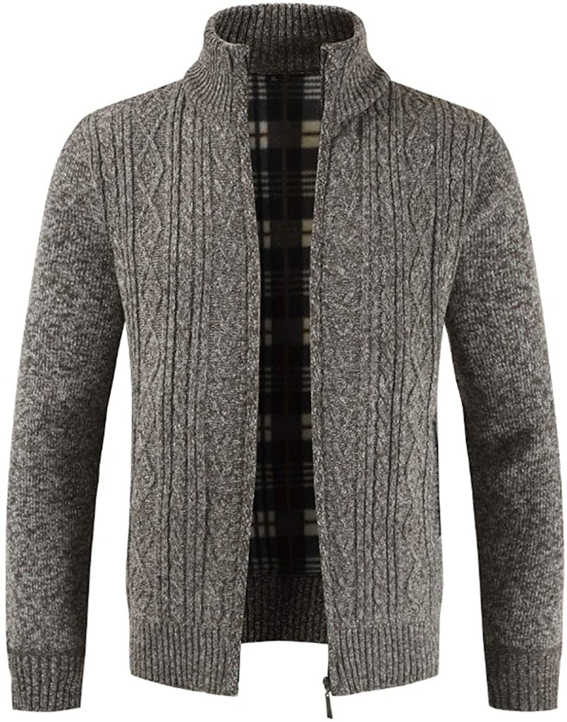 Mens Knitted Cardigan Thick Sweater Full Zip Stand Collar Warm Jumper Fleece Lined Winter Coat