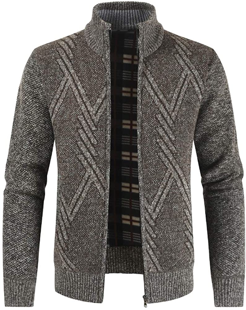 Mens Knitted Cardigan Thick Sweater Full Zip Stand Collar Warm Jumper Fleece Lined Winter Coat