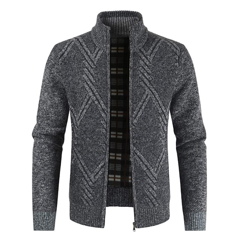 Mens Knitted Cardigan Thick Sweater Full Zip Stand Collar Warm Jumper Fleece Lined Winter Coat