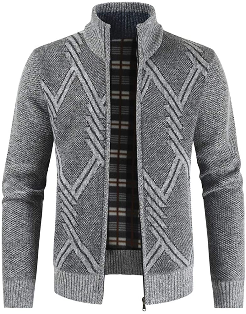 Mens Knitted Cardigan Thick Sweater Full Zip Stand Collar Warm Jumper Fleece Lined Winter Coat