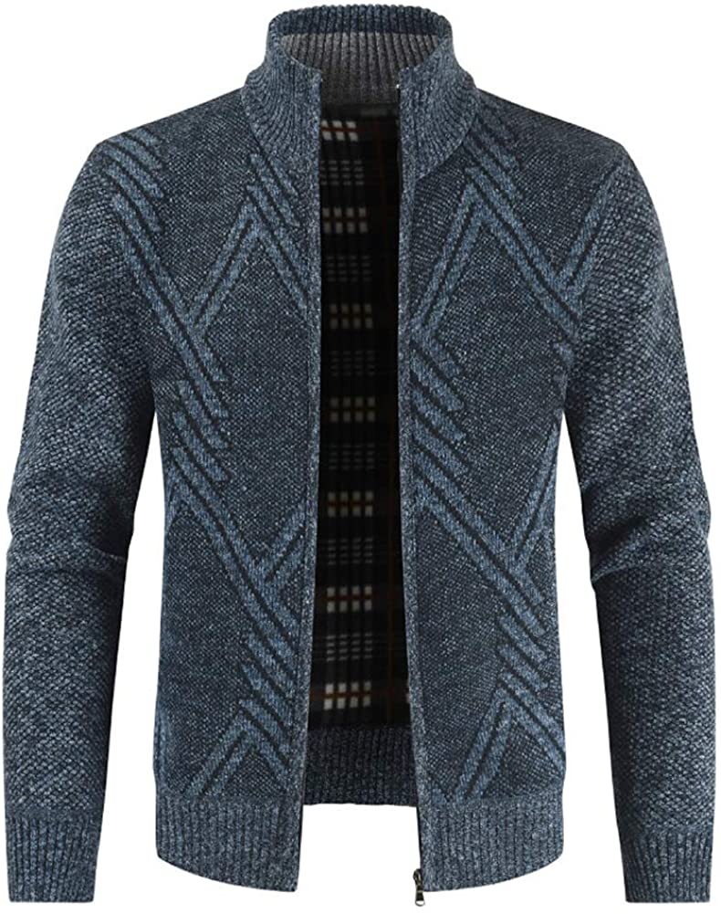 Mens Knitted Cardigan Thick Sweater Full Zip Stand Collar Warm Jumper Fleece Lined Winter Coat