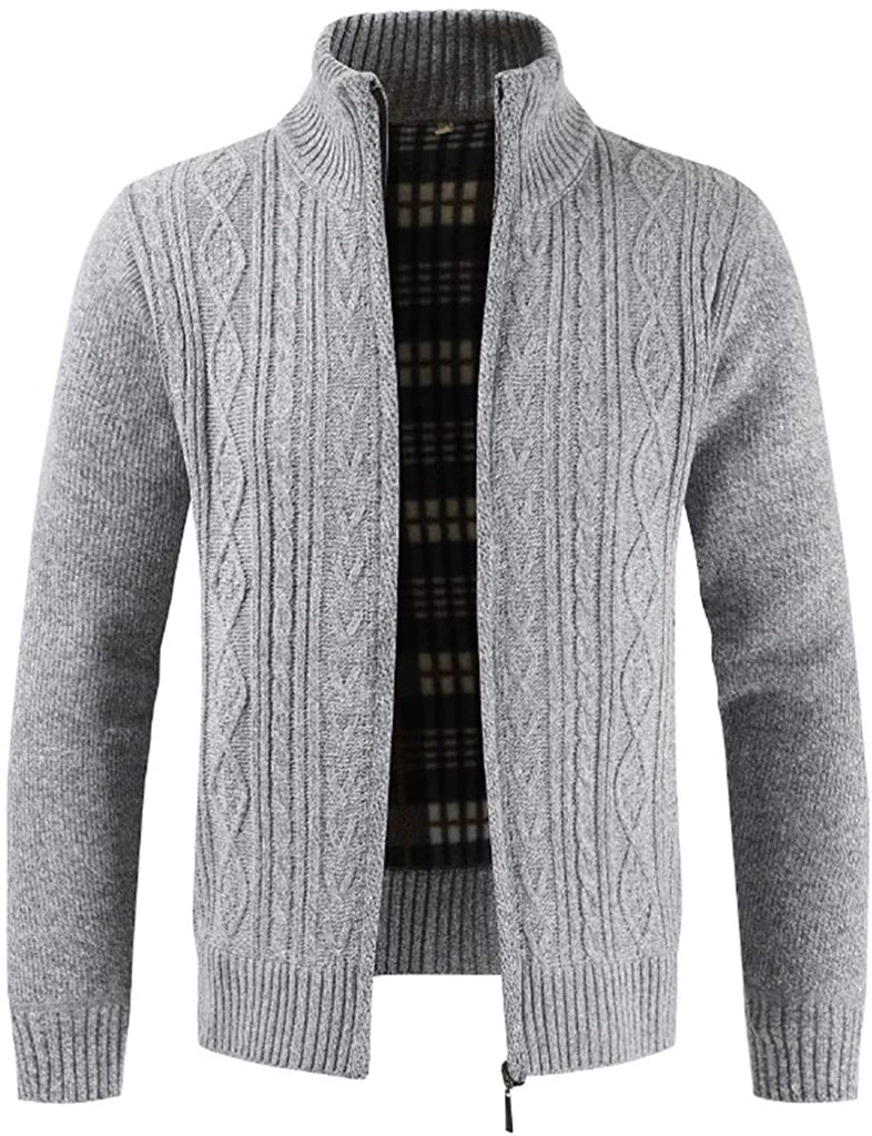 Mens Knitted Cardigan Thick Sweater Full Zip Stand Collar Warm Jumper Fleece Lined Winter Coat