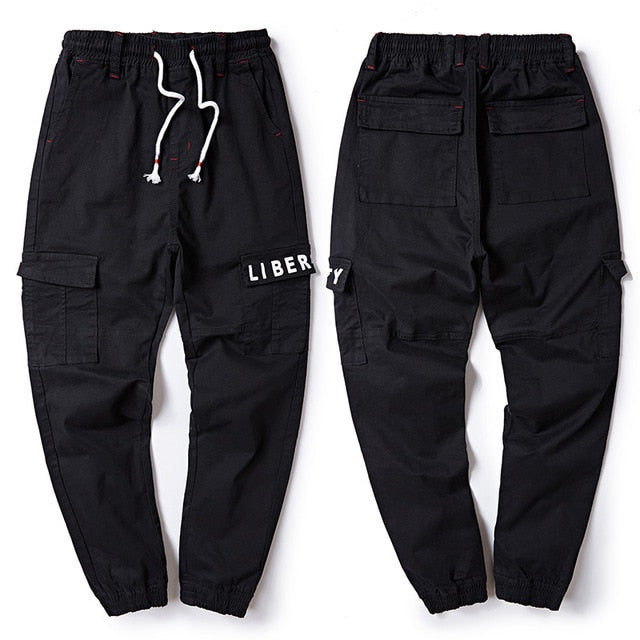 Men's Harem Cargo Pants Fashion Letter Print Elastic Waist Big Pocket Beam Foot Casual Pants Male Trousers