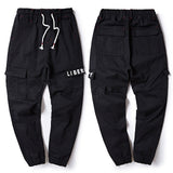 Men's Harem Cargo Pants Fashion Letter Print Elastic Waist Big Pocket Beam Foot Casual Pants Male Trousers