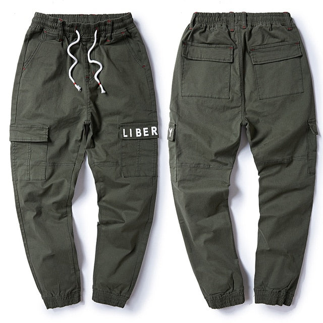 Men's Harem Cargo Pants Fashion Letter Print Elastic Waist Big Pocket Beam Foot Casual Pants Male Trousers