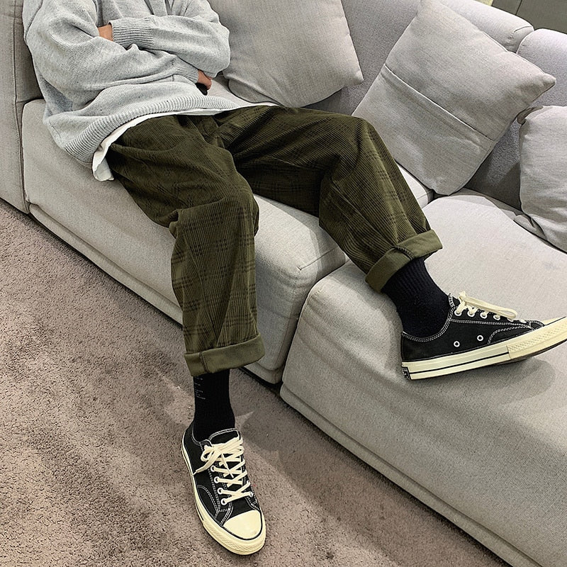 Autumn Corduroy Pants Men Fashion Retro Casual Plaid Pants Men Streetwear Hip Hop Loose Straight Trousers Male