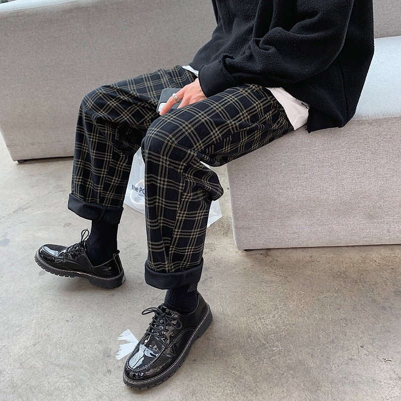 Autumn Corduroy Pants Men Fashion Retro Casual Plaid Pants Men Streetwear Hip Hop Loose Straight Trousers Male