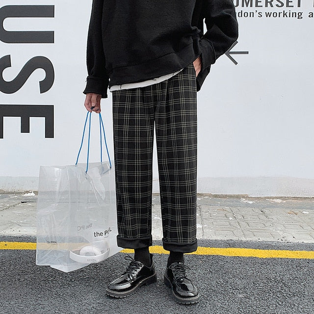 Autumn Corduroy Pants Men Fashion Retro Casual Plaid Pants Men Streetwear Hip Hop Loose Straight Trousers Male