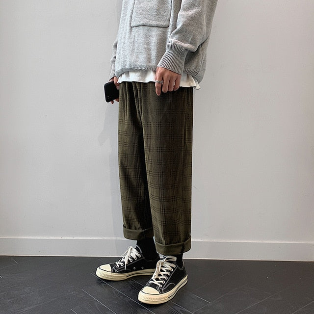 Autumn Corduroy Pants Men Fashion Retro Casual Plaid Pants Men Streetwear Hip Hop Loose Straight Trousers Male