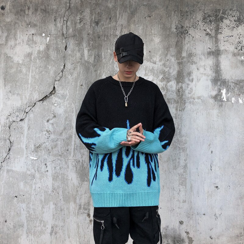 Sweater Men Streetwear Retro Flame Pattern Hip Hop Autumn New Pull Over Spandex O-neck Oversize Couple Casual Men's Sweaters