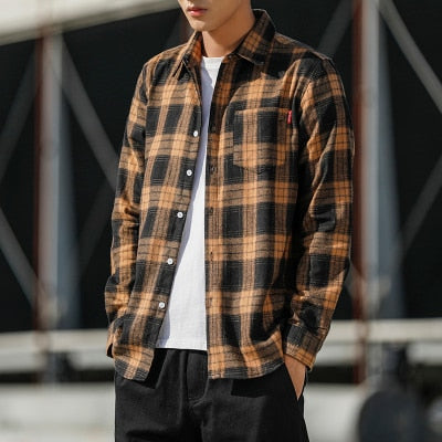 2021 New Spring Casual Plaid Shirt Men Slim Fit Cotton Wool Male Long Sleeve Shirts Men Fashion