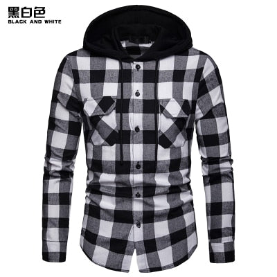 New 2021 Shirt Men Spring Hot Sale Quality Plaid Shirts Hooded Outwear Long Sleeve Casual Male Chemise Homme EU Size S-XXL