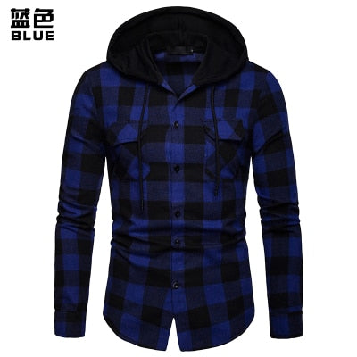 New 2021 Shirt Men Spring Hot Sale Quality Plaid Shirts Hooded Outwear Long Sleeve Casual Male Chemise Homme EU Size S-XXL