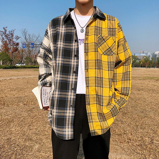 Men Oversized Cotton Plaid Shirt 2021 Man Hip Hop Patchwork Long Sleeve Shirt Couple Korean Clothing