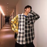 Men Oversized Cotton Plaid Shirt 2021 Man Hip Hop Patchwork Long Sleeve Shirt Couple Korean Clothing