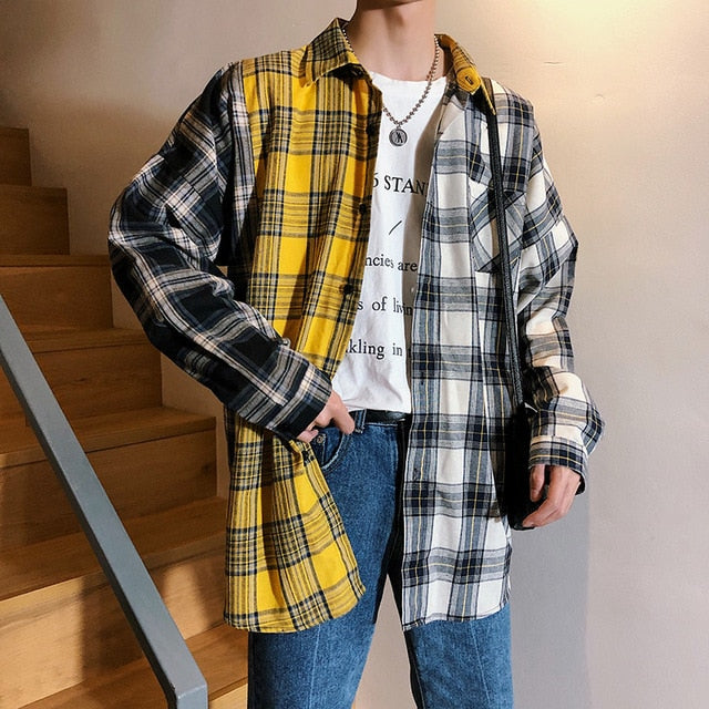 Men Oversized Cotton Plaid Shirt 2021 Man Hip Hop Patchwork Long Sleeve Shirt Couple Korean Clothing