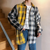 Men Oversized Cotton Plaid Shirt 2021 Man Hip Hop Patchwork Long Sleeve Shirt Couple Korean Clothing