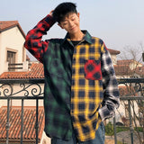Men Oversized Cotton Plaid Shirt 2021 Man Hip Hop Patchwork Long Sleeve Shirt Couple Korean Clothing