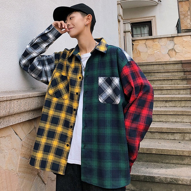 Men Oversized Cotton Plaid Shirt 2021 Man Hip Hop Patchwork Long Sleeve Shirt Couple Korean Clothing