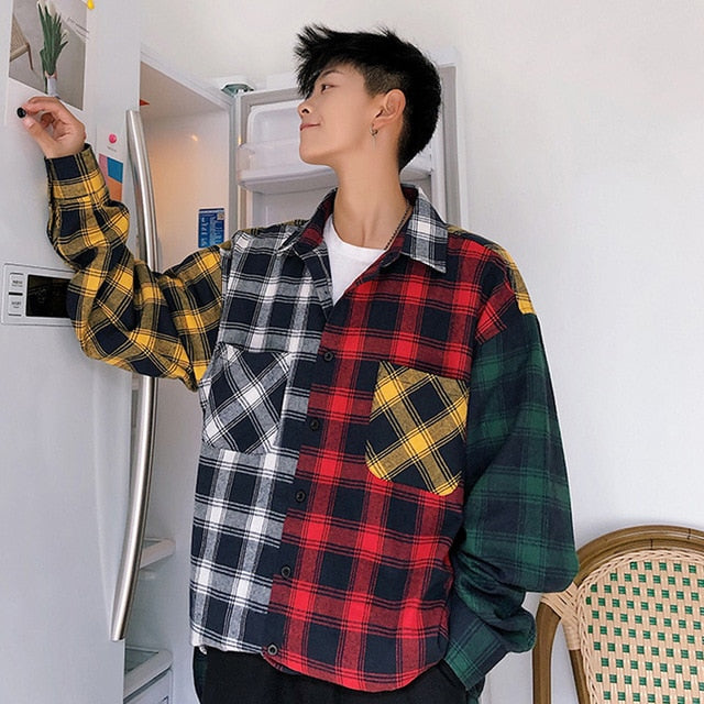 Men Oversized Cotton Plaid Shirt 2021 Man Hip Hop Patchwork Long Sleeve Shirt Couple Korean Clothing