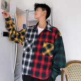 Men Oversized Cotton Plaid Shirt 2021 Man Hip Hop Patchwork Long Sleeve Shirt Couple Korean Clothing