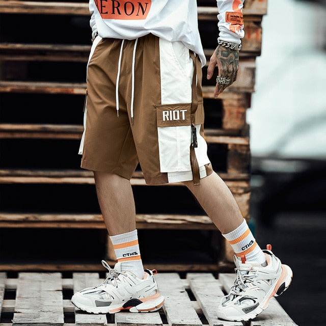 Men Streetwear Khaki Sweatshorts 2021 Summer Men Shorts Color Block Belt Korean Fashion Joggers Shorts Cargo Shorts