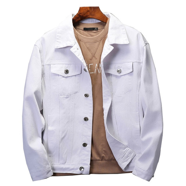 Top Quality Denim Jacket Men Solid White Black Pink Casual Outwear Coats Turn-Down Collar Single-breasted Cowboys