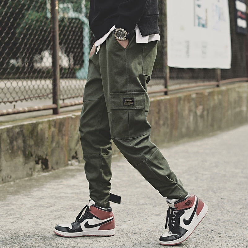 2021 Men's Side Pockets Cargo Harem Pants Fashion Ribbons Black Hip Hop Casual Male Joggers Trousers Fashion Streetwear Pants