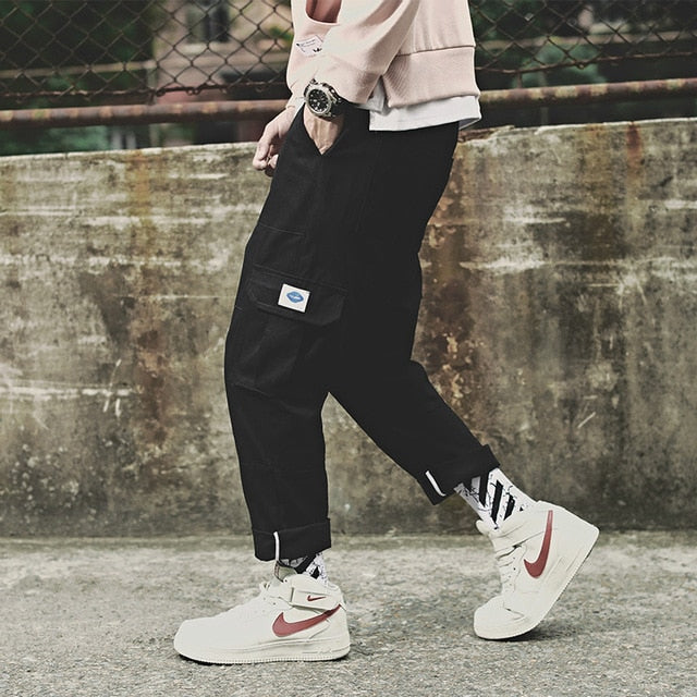 2021 Men's Side Pockets Cargo Harem Pants Fashion Ribbons Black Hip Hop Casual Male Joggers Trousers Fashion Streetwear Pants