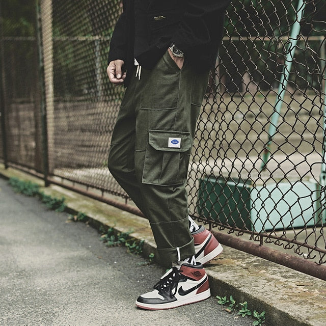 2021 Men's Side Pockets Cargo Harem Pants Fashion Ribbons Black Hip Hop Casual Male Joggers Trousers Fashion Streetwear Pants