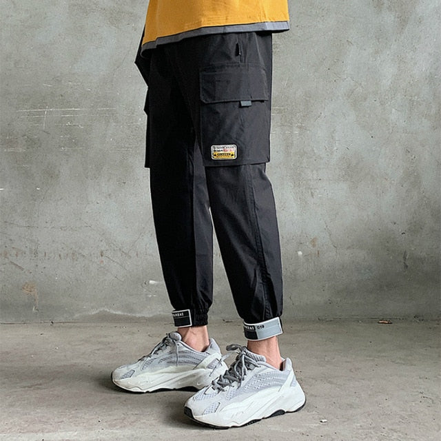 2021 Men's Side Pockets Cargo Harem Pants Fashion Ribbons Black Hip Hop Casual Male Joggers Trousers Fashion Streetwear Pants