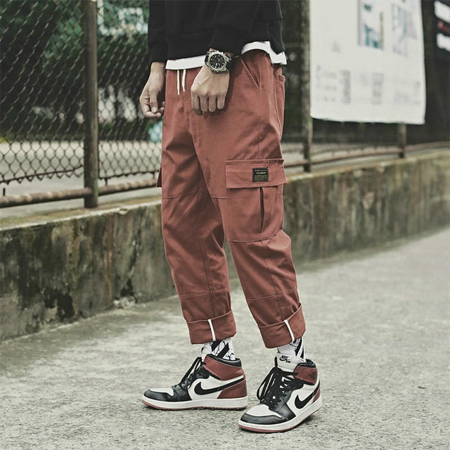 2021 Men's Side Pockets Cargo Harem Pants Fashion Ribbons Black Hip Hop Casual Male Joggers Trousers Fashion Streetwear Pants