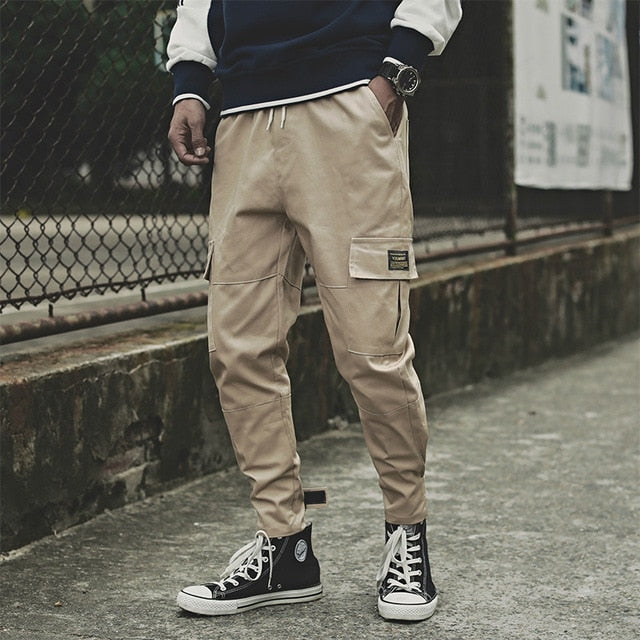 2021 Men's Side Pockets Cargo Harem Pants Fashion Ribbons Black Hip Hop Casual Male Joggers Trousers Fashion Streetwear Pants
