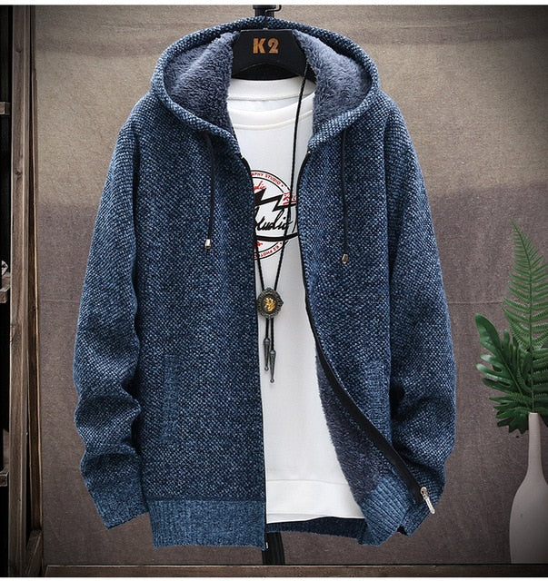 2021 Winter Sweater Coat Men Thick Warm Hooded Cardigan Jumpers Men Striped Wool Liner Zipper Fleece