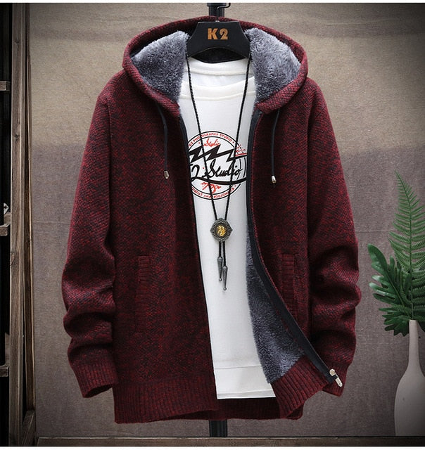 2021 Winter Sweater Coat Men Thick Warm Hooded Cardigan Jumpers Men Striped Wool Liner Zipper Fleece