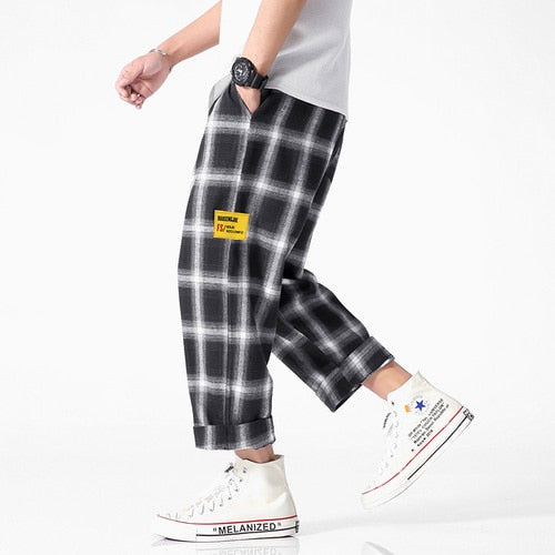 Men's Joggers  Plaid Pants Man Black Cotton Comfortable Pant Summer Casual Streetwear Loose Trouser Japanese Trendy Sweatpants