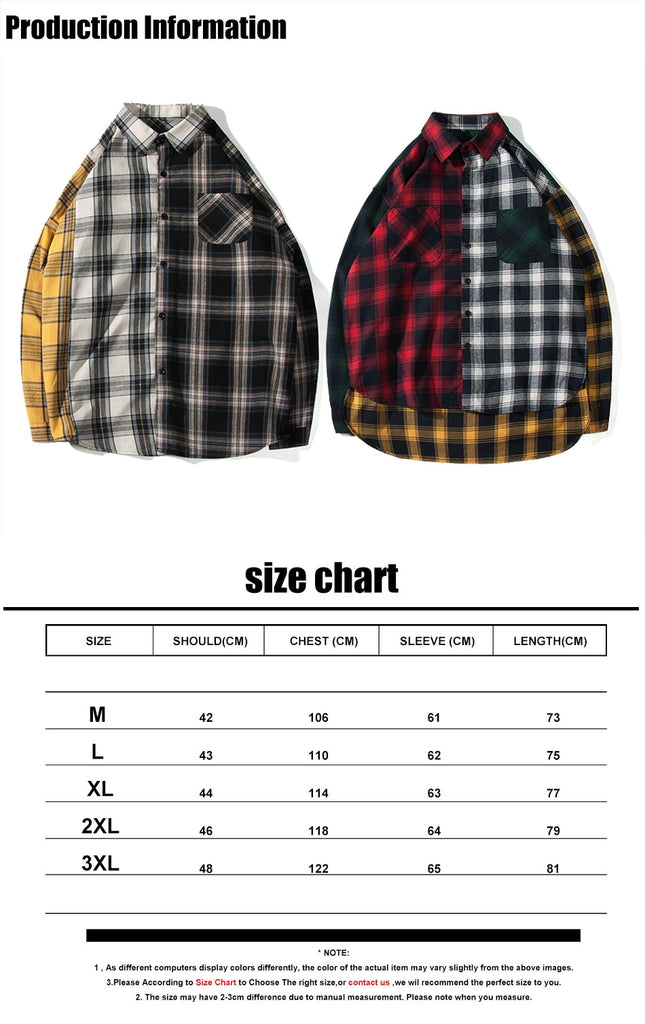 Men Oversized Cotton Plaid Shirt 2021 Man Hip Hop Patchwork Long Sleeve Shirt Couple Korean Clothing