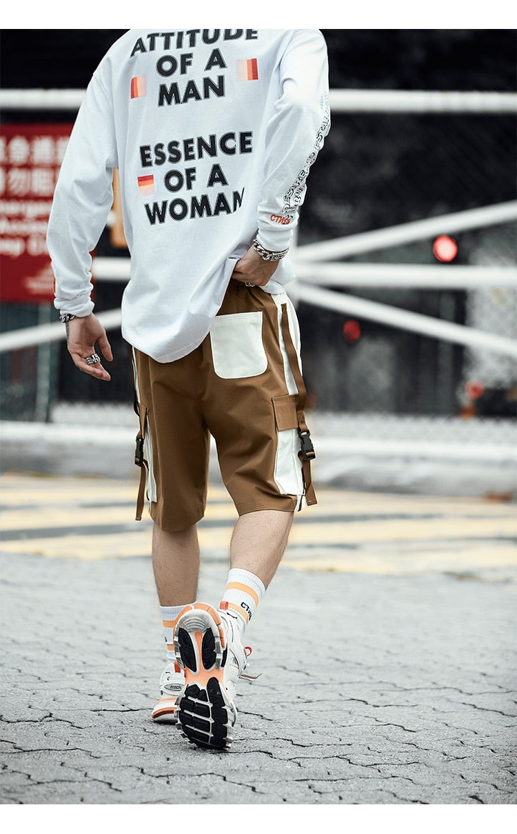 Men Streetwear Khaki Sweatshorts 2021 Summer Men Shorts Color Block Belt Korean Fashion Joggers Shorts Cargo Shorts