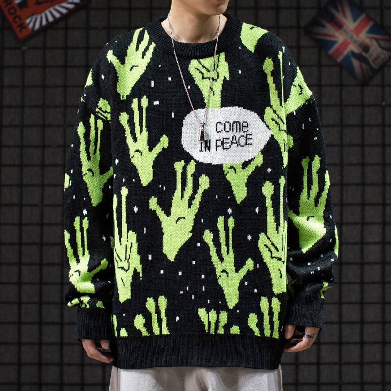 Sweater Men Jumpers Knitted Harajuku Alien Hip Hop Streetwear Men Knitwear Clothing Pullover Oversize Sweaters