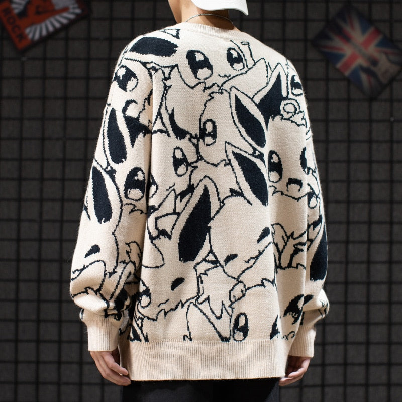 Japan Anime Eevee Sweater Cartoon Cute Men Fashion Round Collar Loose Knitwear Woolen