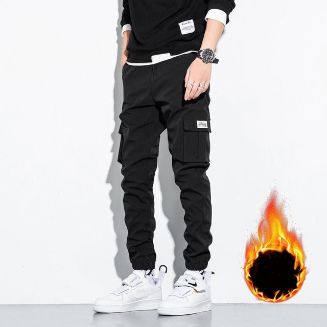2021 New Fashion Winter Thick Fleece Warm Casual Pants Men Streetwear Multi-Pockets Cargo Jogger Pants