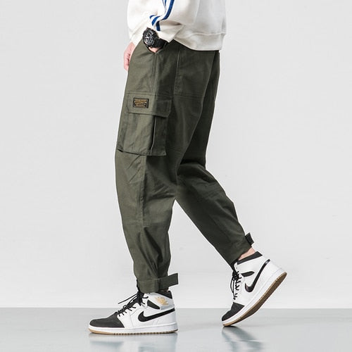 2021 Men Multi-pocket Elastic Waist Design Harem Pant Street Punk Hip Hop Red Casual Trousers Joggers Male Army Cargo Pants