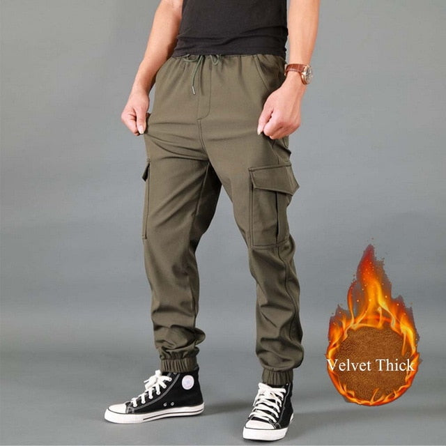 New Winter Men Pants Thick Fleece Joggers Multi Pocket Loose Sport Trousers Male Casual Warm Sweatpants Cargo Pants