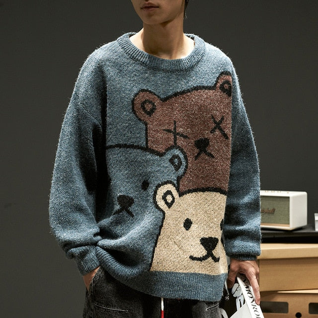Cartoon Bear Sweater Men Winter Men Clothing Fashion Long Sleeve Knitted Pullover Sweater Oversized 2021 New Cotton