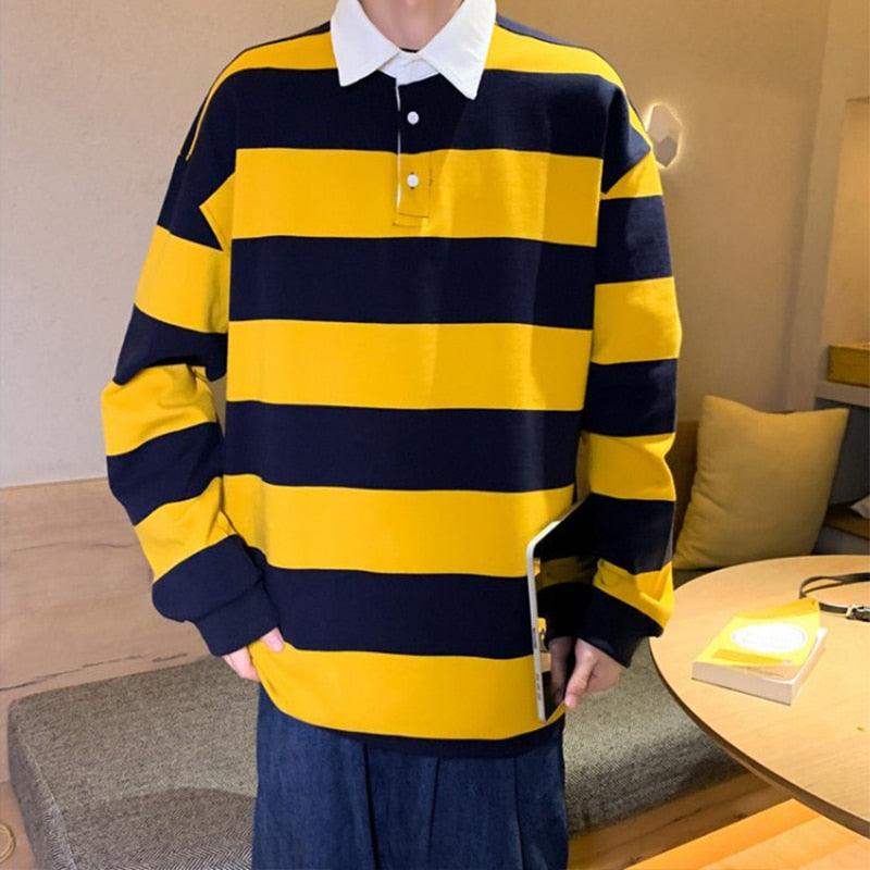 Autumn Long Sleeves Harajuku Korea Fashion Striped Loose Polo Shirts Streetwear Hip Hop Rock Punk Men'S Top Tees Clothes