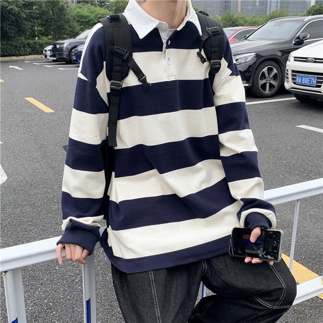 Autumn Long Sleeves Harajuku Korea Fashion Striped Loose Polo Shirts Streetwear Hip Hop Rock Punk Men'S Top Tees Clothes