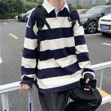 Autumn Long Sleeves Harajuku Korea Fashion Striped Loose Polo Shirts Streetwear Hip Hop Rock Punk Men'S Top Tees Clothes