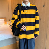 Autumn Long Sleeves Harajuku Korea Fashion Striped Loose Polo Shirts Streetwear Hip Hop Rock Punk Men'S Top Tees Clothes